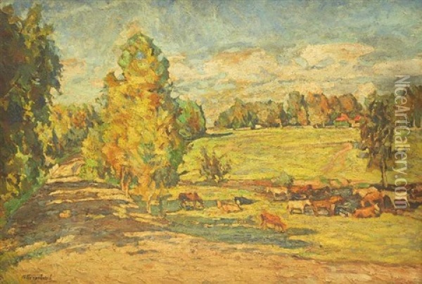 Weidevieh In Weiter Herbstlicher Landschaft Oil Painting - Petr Ivanovich Petrovichev