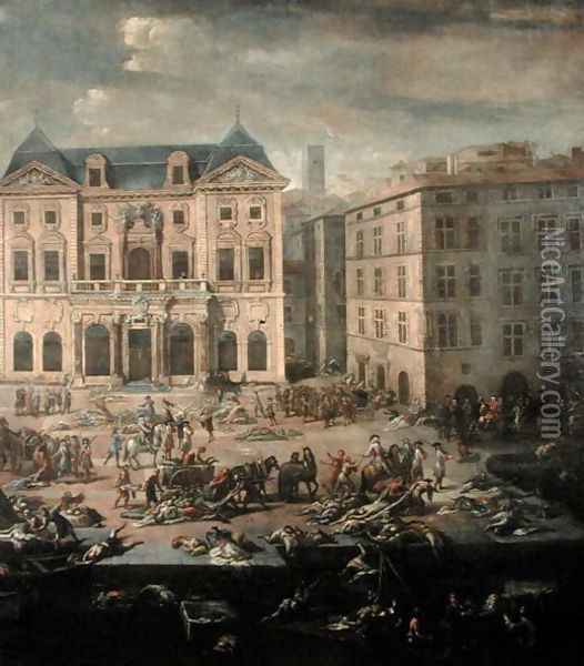 View of the Town Hall, Marseilles during the Plague of 1720 Oil Painting - Michel Serre
