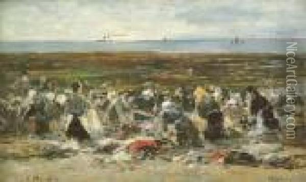 Etretat, Laveuses Sur La Plage, Maree Basse, Falaise D'aval Oil Painting - Eugene Boudin