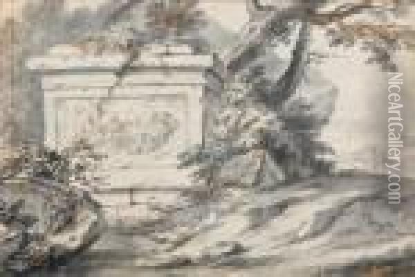 Recto: Paysage Au Tombeau Antique Oil Painting - Jean-Baptiste Lallemand