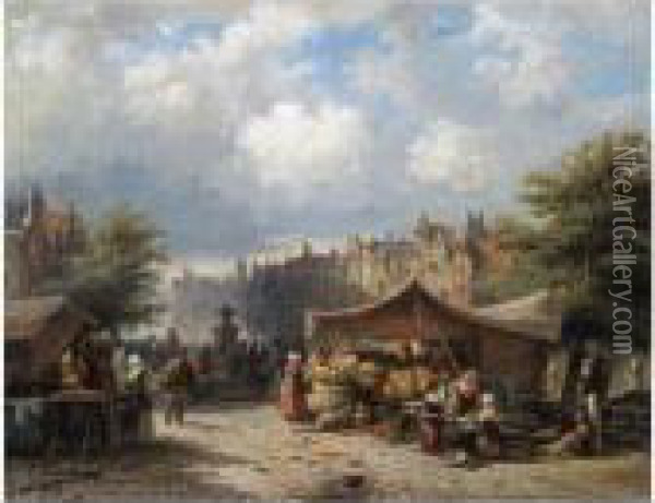 A Busy Market Day On The Kloveniersburgwal, Amsterdam Oil Painting - Elias Pieter van Bommel