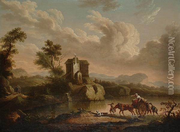 An Extensive Landscape With Figures Fording A River, Travellers On A Path Beyond. Oil Painting - Julius Caesar Ibbetson