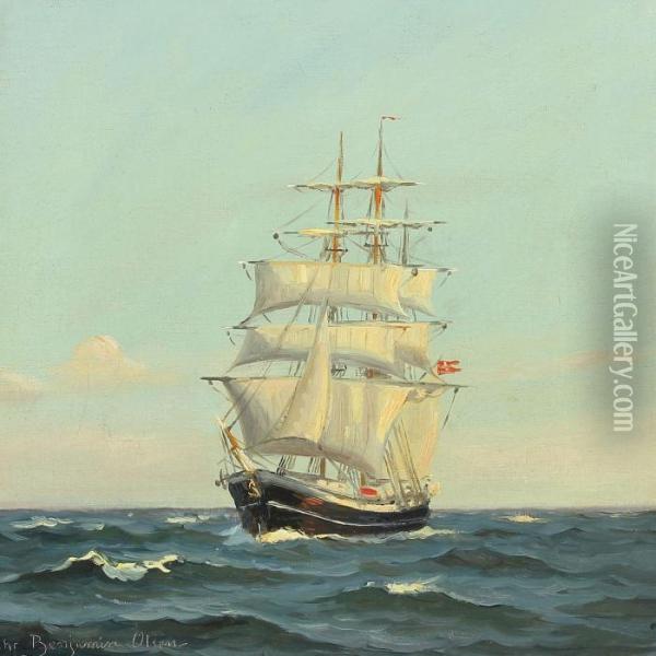 Three-masted Sailing Ship At Sea Oil Painting - Christian Benjamin Olsen