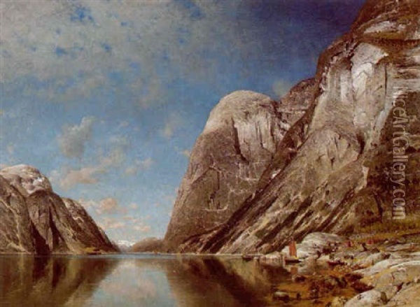 Grose Norwegische Fjordlandschaft Oil Painting - Adolf Gustav Schweitzer
