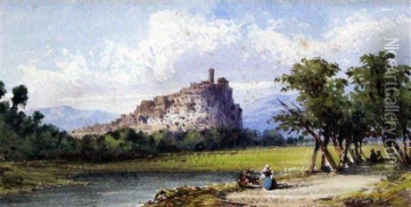 Figures In A Landscape With A Hilltop Town Beyond Oil Painting - Gabriele Carelli