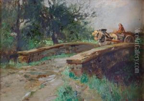 Horse And Cart Crossing A Bridge Oil Painting - William Bradley Lamond