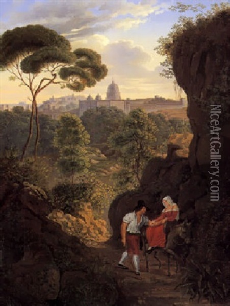 Wandernes Paar Auf Dem Monte Mario Mit Blick Auf Rom Und Die Kuppel Von St. Peter Oil Painting - Johann Erdmann Hummel