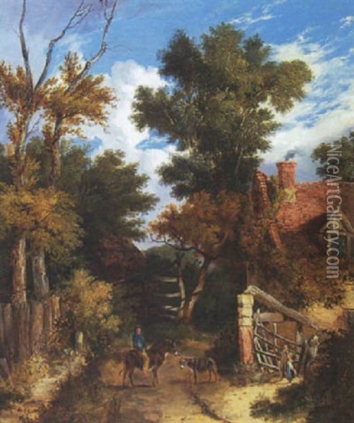 Country Lane With Figures And Donkeys Oil Painting - John Berney Ladbrooke