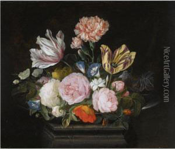 A Still Life Of Parrot Tulips, Roses, Carnations, Morning Glory Andother Flowers In A Silver Dish On A Stone Pedestal Oil Painting - Jasper van der Lanen
