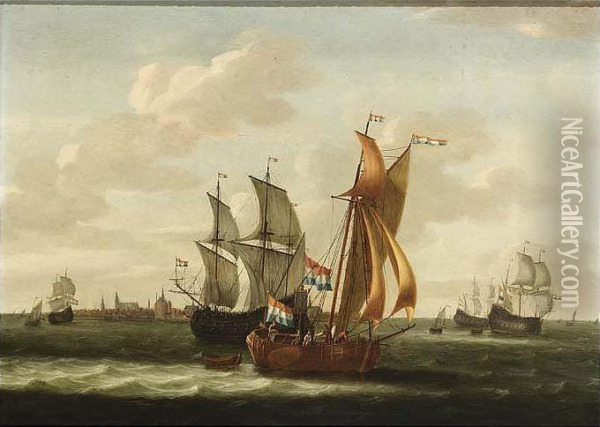A Kaag, Small Cargo Ships And Other Vessels On The Zuiderzee With A View Oil Painting - Jacob Gerritz Loef