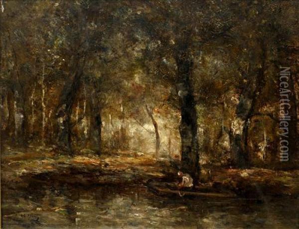 Woodland River With Figure In A Punt Oil Painting - Narcisse-Virgile D Az De La Pena