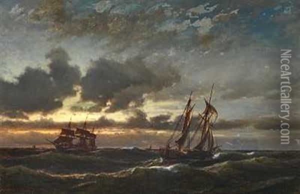 Sejlskibe Pa Havet I Skumringen Oil Painting - Daniel Hermann Anton Melbye
