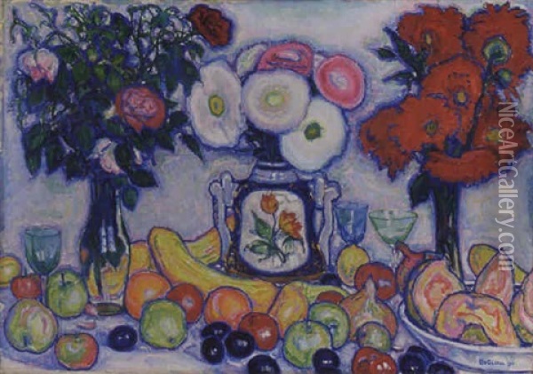 Still Life With Fruit And Flowers Oil Painting - Leo Gestel