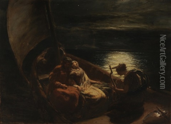 Lovers With Harpist In Moonlit Boat Oil Painting - Paul Falconer Poole