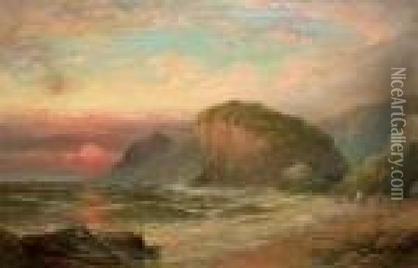 Coastal View With Wreckers At Sunset Oil Painting - George Henry Jenkins