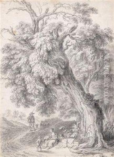 Traveller At Rest Under A Tree Oil Painting - Jacob Van Ruisdael
