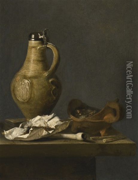Still Life With An Earthenware Jug, A Deck Of Cards And Smoking Paraphernalia Oil Painting - Jan (Johannes) Fris