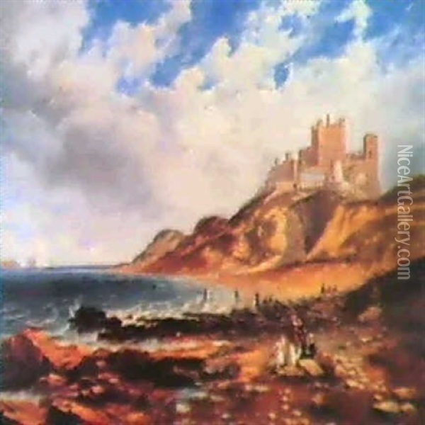 Ladies Bathing On The Beach Below Bamburgh Castle Oil Painting - John Wilson Carmichael