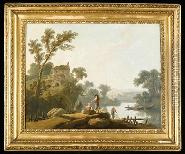 A River Landscape With Fishermen, A Ruin On A Hill Beyond Oil Painting - Jean Baptiste Pillement