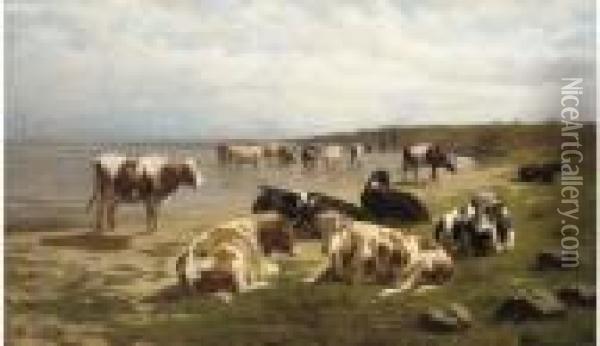 Cattle At The Waters' Edge Oil Painting - Dirk Peter Van Lokhorst