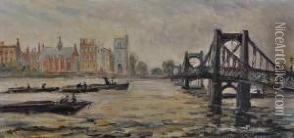 Barges On A River Oil Painting - Terrick John Williams