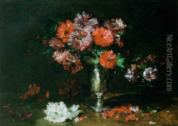 A Still Life Of Anemones In A Silver Jug Oil Painting - Philippe Rousseau