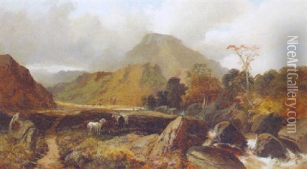 Ponies By A Stream In A Mountainous Landscape Oil Painting - Clarence Henry Roe
