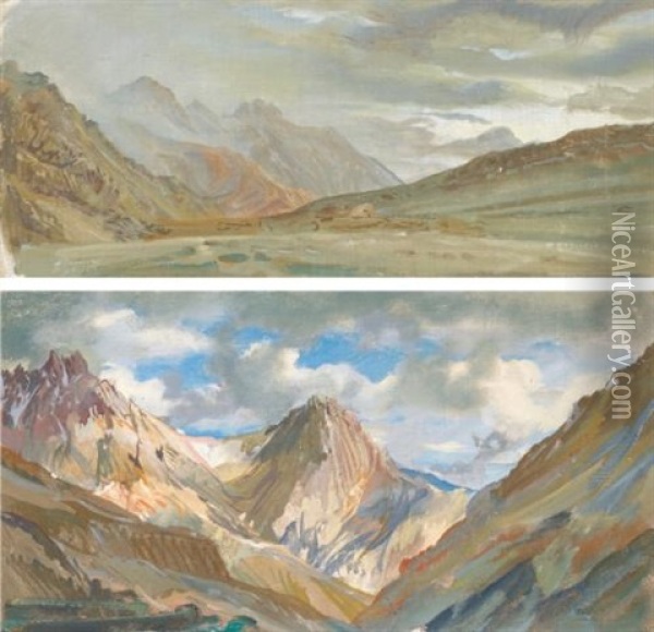 View Of Beyick (+ View Of The Karakoram Mountain Range; 2 Works) Oil Painting - Alexander Evgenievich Iacovleff