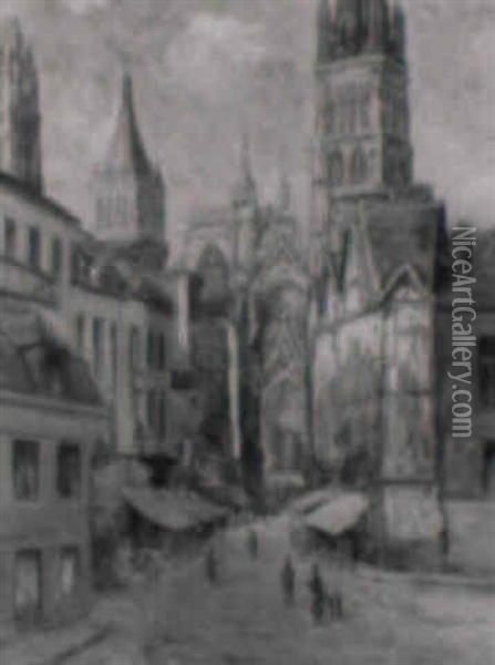 La Rue De L'epicerie Et La Cathedrale De Rouen Oil Painting - Julien Hippolyte Feron