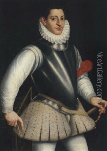 Portrait Of A Gentleman Wearing Armour And A Ruff, A Red Ribbon Tied To His Left Arm Oil Painting - Giovan-Battista (Il Malosso) Trotti
