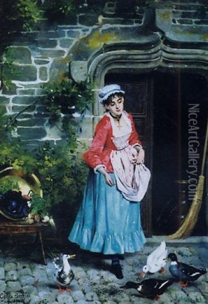 Jeune Femme Devant La Ferme Oil Painting - Cecile (Mme. Guerin) Ferrere