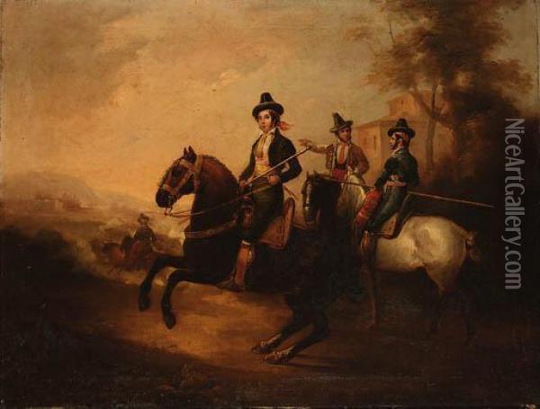 Caballeros; And Caballero In The Field Oil Painting - Jose Elbo