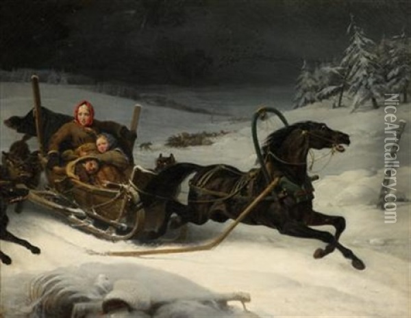 Sleighing With Wolves In Pursuit Oil Painting - Heinrich Frederic Schopin