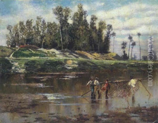 Fischer Mit Netzen Im Seichten Wasser Oil Painting - Karl Heffner