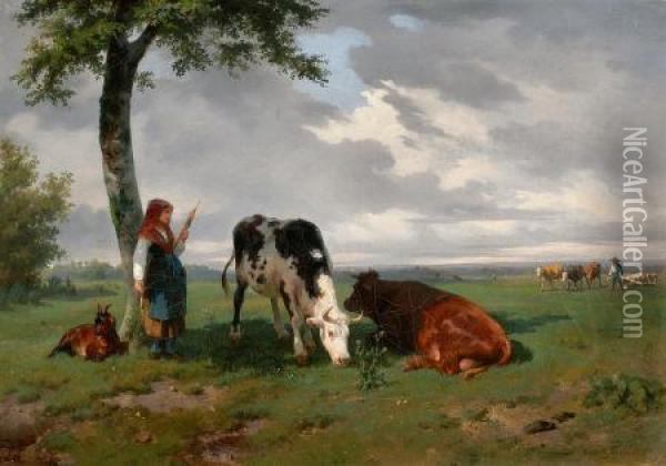 Shepherdess And Two Cows In A Meadow Oil Painting - Rosa Bonheur