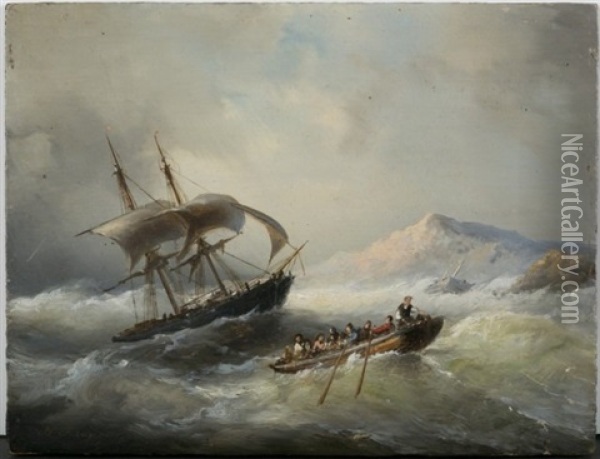 Scene Of Ship On Stormy Seas Near The Shore Oil Painting - Nicolaas Riegen