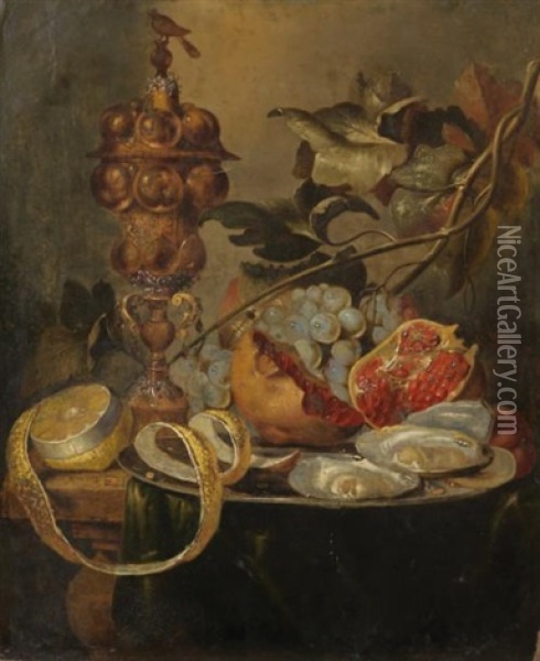 Nature Morte Avec Des Fruits, Des Huitres Et Un Verre Sur Une Table Drapee Oil Painting - Jan Davidsz De Heem