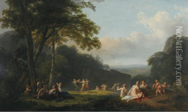 Venus And Her Attendants Frolicking And Bathing In An Acadian Landscape Oil Painting - Jean Raoux