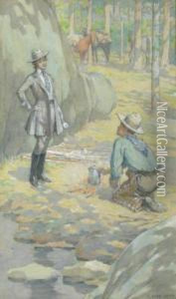Cowboy And Lady Rider At Campsite Oil Painting - Elmer Boyd Smith