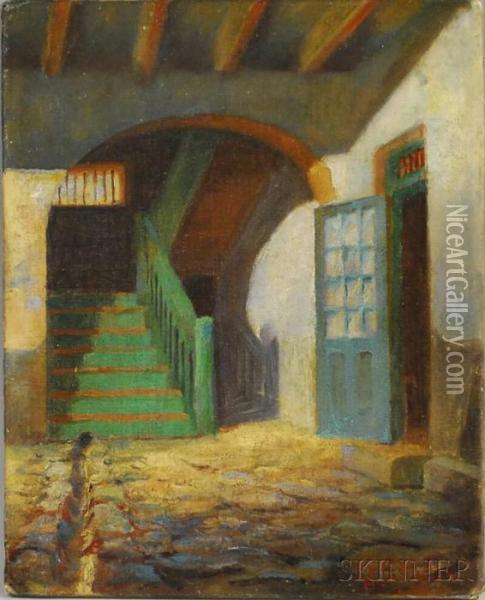 Courtyard In Old Cabildo New Orleans, La Oil Painting - George Frederick Castledon