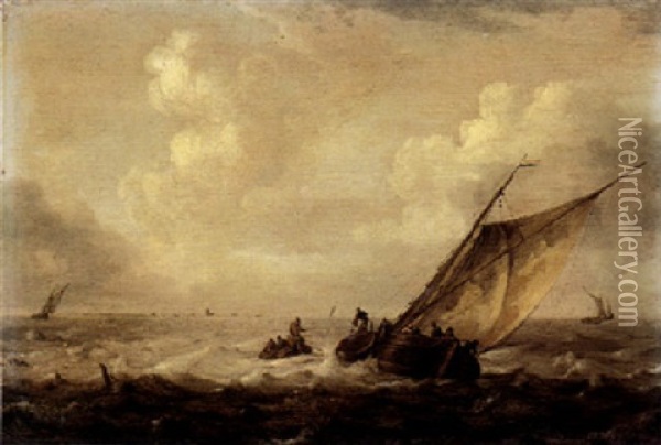 Figures In A Fishing Boat And A Smalschip On Choppy Seas Oil Painting - Jan Porcellis