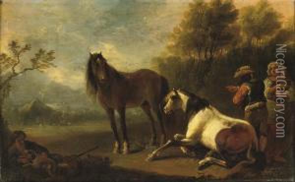 A Gypsy Family With Two Horses Resting In A Landscape, A Barnbeyond Oil Painting - Christian Ludwig Von Lowenstern