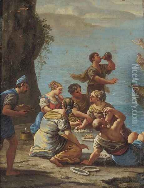 Figures on a shore eating pasta and drinking wine Oil Painting - Luca Giordano
