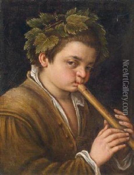 Einjunger Lorbeerbekranzter Flotenspieler Oil Painting - Jacopo Bassano (Jacopo da Ponte)