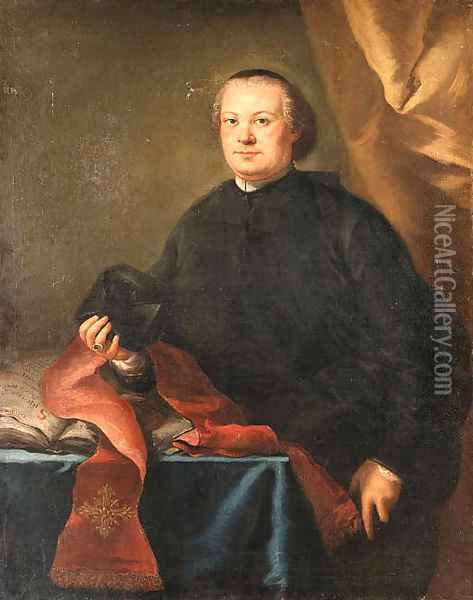 Portrait of a Prelate, three-quarter length, in a black cassock, holding a biretta, by a table in a draped interior Oil Painting - Alessandro Longhi