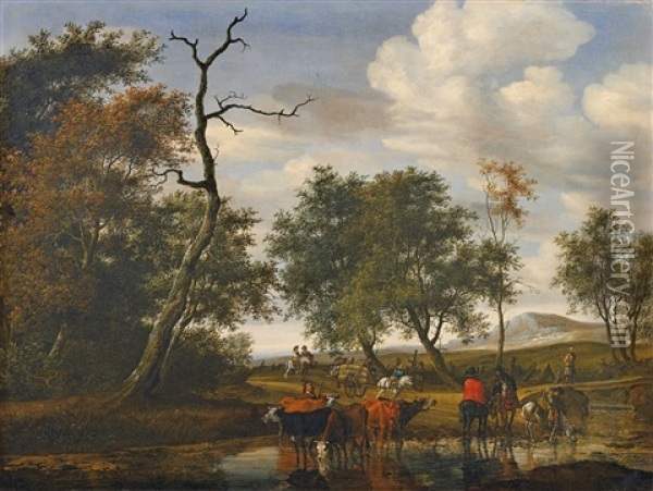 Cattle At A Pond (the Robbery) Oil Painting - Salomon van Ruysdael