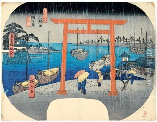 Tokaido Bishu Atsuta Kaihin No Zu. Yau. Pluie Sur La Plage D'Atsuta (Province D'Owari) Sur La Route Du Tokaido Oil Painting - Utagawa or Ando Hiroshige