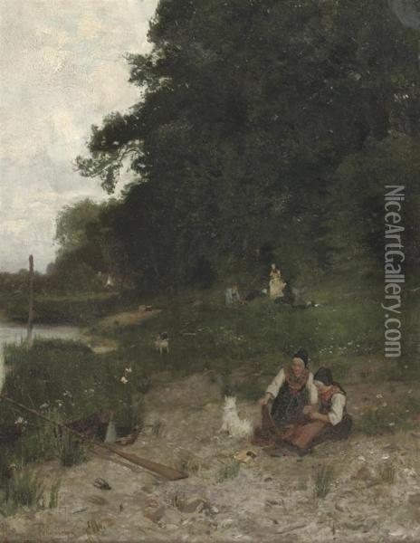 An Encounter In The Grass By The River Oil Painting - Franz Hoffmann-Fallersleben