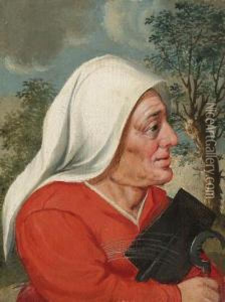 A Peasant Woman, Half-length, With A Sickle And Spade Oil Painting - Marten Van Cleve