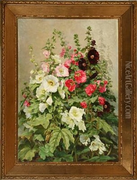 White, Rose And Dark Red Hollyhocks Oil Painting - Emma Auguste Loffler